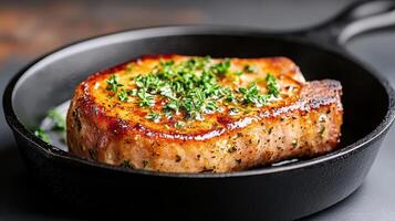 thick cut of pork chop seared to perfection, garnished with fresh herbs in skillet photo