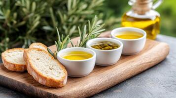 Fresh olive oil tasting with bread and herbs photo