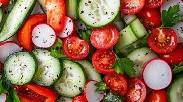 Fresh vegetable platter with vibrant tomatoes, cucumbers, and radishes, garnished with herbs photo