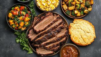 Savor delicious family style dinner featuring sliced beef, cornbread, and vibrant sides photo