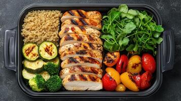 Grilled chicken with quinoa and fresh vegetables creates healthy meal prep option photo