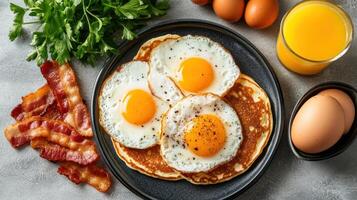 Delicious breakfast featuring pancakes, eggs, crispy bacon, and fresh parsley photo