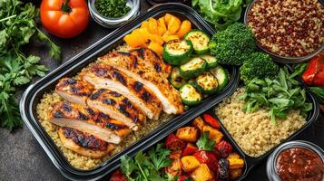 Grilled chicken meal prep with quinoa, vegetables, and fresh herbs for healthy lifestyle photo