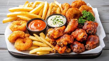 Delicious platter featuring crispy wings, fries, and dipping sauces, perfect for gatherings photo