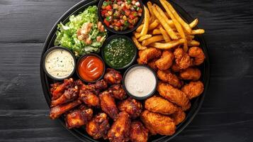Delicious party platter featuring crispy wings, fries, fresh salad, and vibrant dips photo