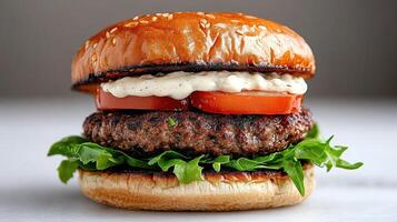 Juicy burger with sesame seed bun, fresh lettuce, tomato, and creamy sauce, perfect for meal photo