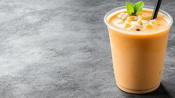 Creamy smoothie in clear cup topped with mint and chewy pearls, perfect for refreshment photo