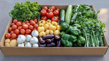Fresh vegetables arranged box, including tomatoes, cucumbers, and peppers, showcasing vibrant photo