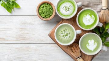 vibrant overhead shot of multiple matcha lattes arranged beautifully wooden tray, showcasing photo