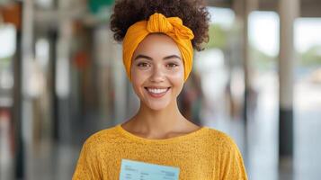 Excited woman holding flight tickets, planning her next adventure with bright smile photo