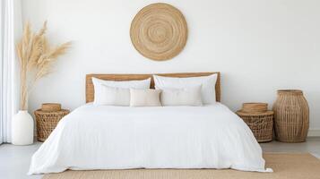 serene bohemian style bedroom featuring earthy tones, rattan furniture, and natural decor photo