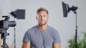 man sits in front of camera, ready for shoot in well lit studio photo