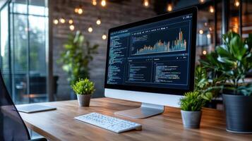 modern workspace featuring sleek computer displaying data analytics screen, surrounded by photo