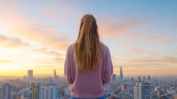 confident woman stands on city rooftop at sunrise, overlooking skyline photo