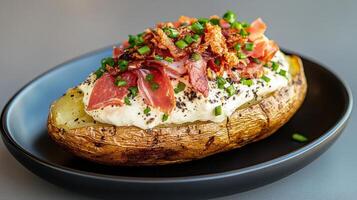 Loaded baked potato topped with bacon, ham, and chives, creating delicious gourmet dish photo