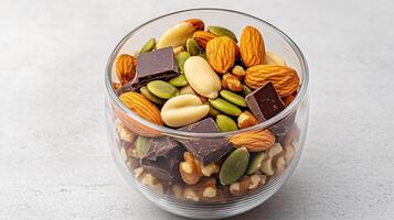 heart healthy trail mix bowl filled with almonds, walnuts, and dark chocolate photo