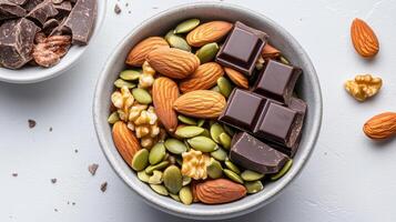 heart healthy trail mix bowl with almonds, walnuts, pumpkin seeds, and dark chocolate photo