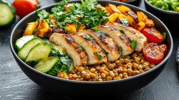 vibrant and nutritious meal featuring grilled chicken, sprouted lentils, and fresh vegetables photo
