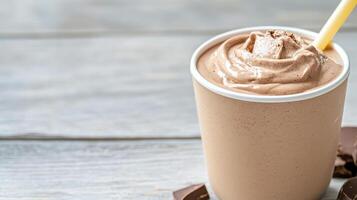 Creamy chocolate shake in cup with straw, perfect for refreshing treat photo