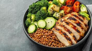 Healthy meal with grilled chicken, sprouted lentils, and fresh vegetables photo