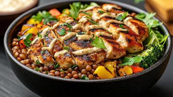 vibrant bowl of grilled chicken served bed of sprouted lentils, topped with fresh herbs and photo