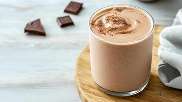 Creamy chocolate protein shake glass, topped with cocoa powder, surrounded by chocolate pieces photo
