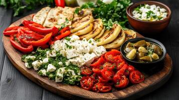 vibrant wooden platter filled with colorful Mediterranean appetizers, including grilled photo