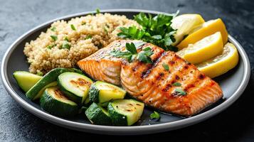 Delicious grilled salmon served with quinoa, zucchini, and lemon slices, creating healthy meal photo