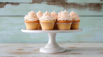 Delicious vanilla cupcakes with soft frosting displayed vintage stand, perfect for any photo