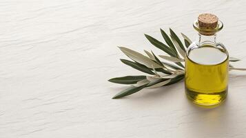 bottle of olive oil sits beside fresh olive leaves textured surface, evoking sense of natural photo