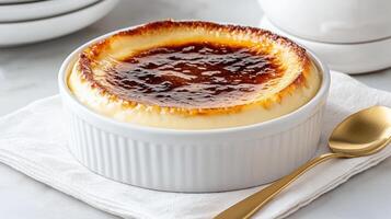 Creamy dessert with caramelized top, served in white dish, inviting and delicious photo
