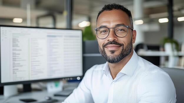 professional man smiling office setting, with computer displaying financial data background photo