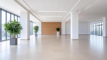 Modern office space with large windows and minimalistic design, featuring greenery for fresh photo