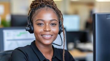 professional woman with headset smiling while working at computer in office environment photo