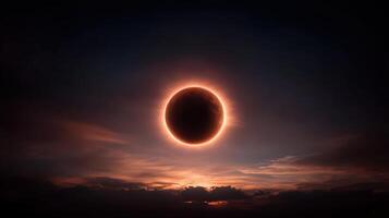 breathtaking total solar eclipse with darkened sun surrounded by glowing corona, creating photo