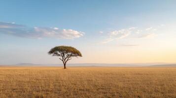 solitary tree stands majestically in vast golden grassland under clear blue sky photo