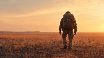lone astronaut walks across barren landscape at sunset, showcasing resilience and exploration photo