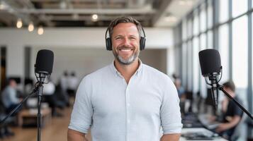 Recording podcast in modern studio, man with headphones smiles confidently photo