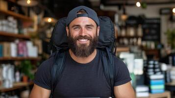 smiling man with beard and backpack enjoys moment in cozy cafe photo
