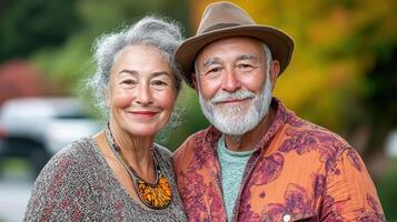 Warm and joyful elderly couple smiling together outdoors, showcasing love and connection photo