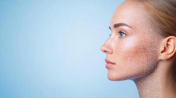 futuristic portrait of woman with digital mesh overlay, symbolizing technology and beauty photo
