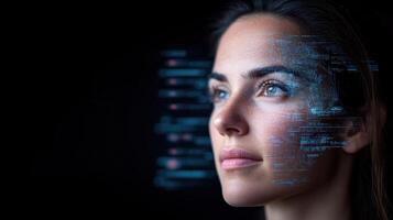 woman with thoughtful expression, surrounded by digital data and code, symbolizes technology photo