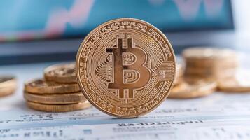 Bitcoin coin on financial documents, symbolizing investment and digital currency growth photo