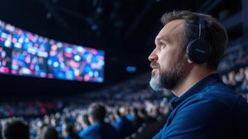 Focused individual at futuristic conference, immersed in AI discussions and technology photo