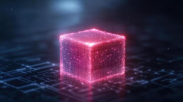 glowing cube with digital grid design, representing technology and innovation photo