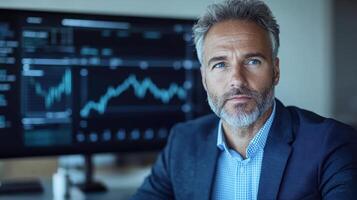 Professional man analyzing financial data with serious expression in modern office setting photo