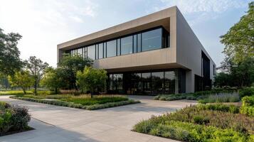 Modern corporate headquarters surrounded by lush greenery and landscaped gardens, showcasing photo