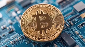 Digital currency represents modern economy, showcasing Bitcoin on circuit board photo