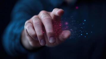 person interacts with digital interface, showcasing technology and innovation. hand reaches out photo