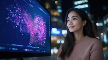 woman gazes vibrant digital display showcasing colorful data visualizations, reflecting photo